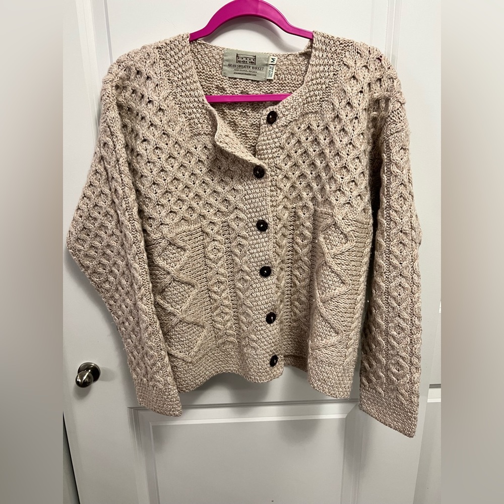 Aran Sweater Market 100% Merino Wool Cream/Oat Knit Sweater Cardigan Womens M
